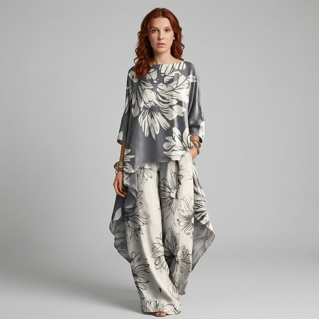 Dark Academia Women Dress | Grey Ivory Floral Palazzo Set Two-Piece
