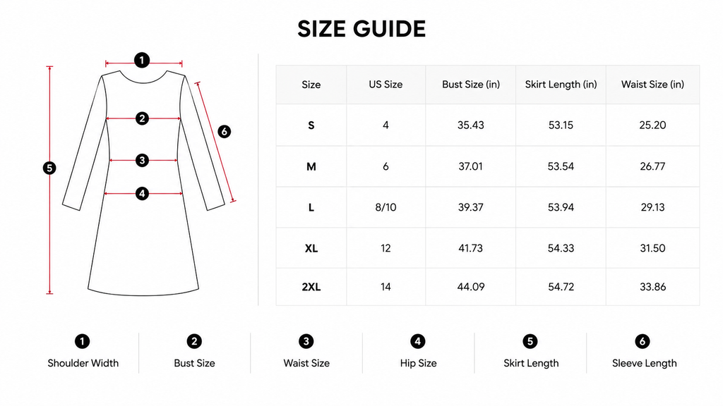 Size chart — floral midi dress for teachers S to 2XL — Zebra Creation