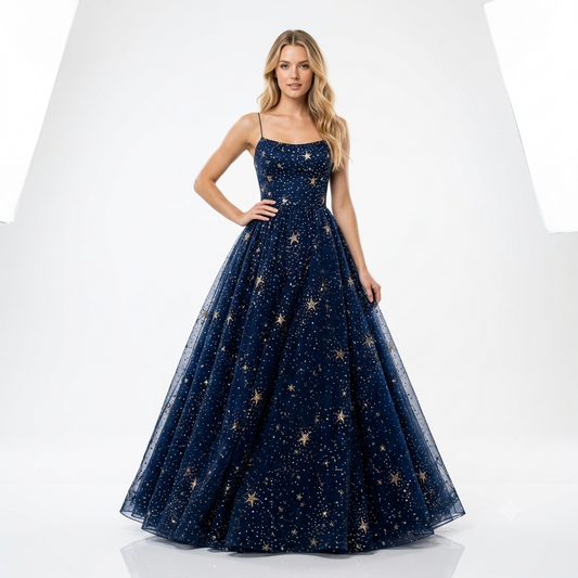 Celestial Navy & Gold Star Evening Gown with Puff Sleeves and Pockets