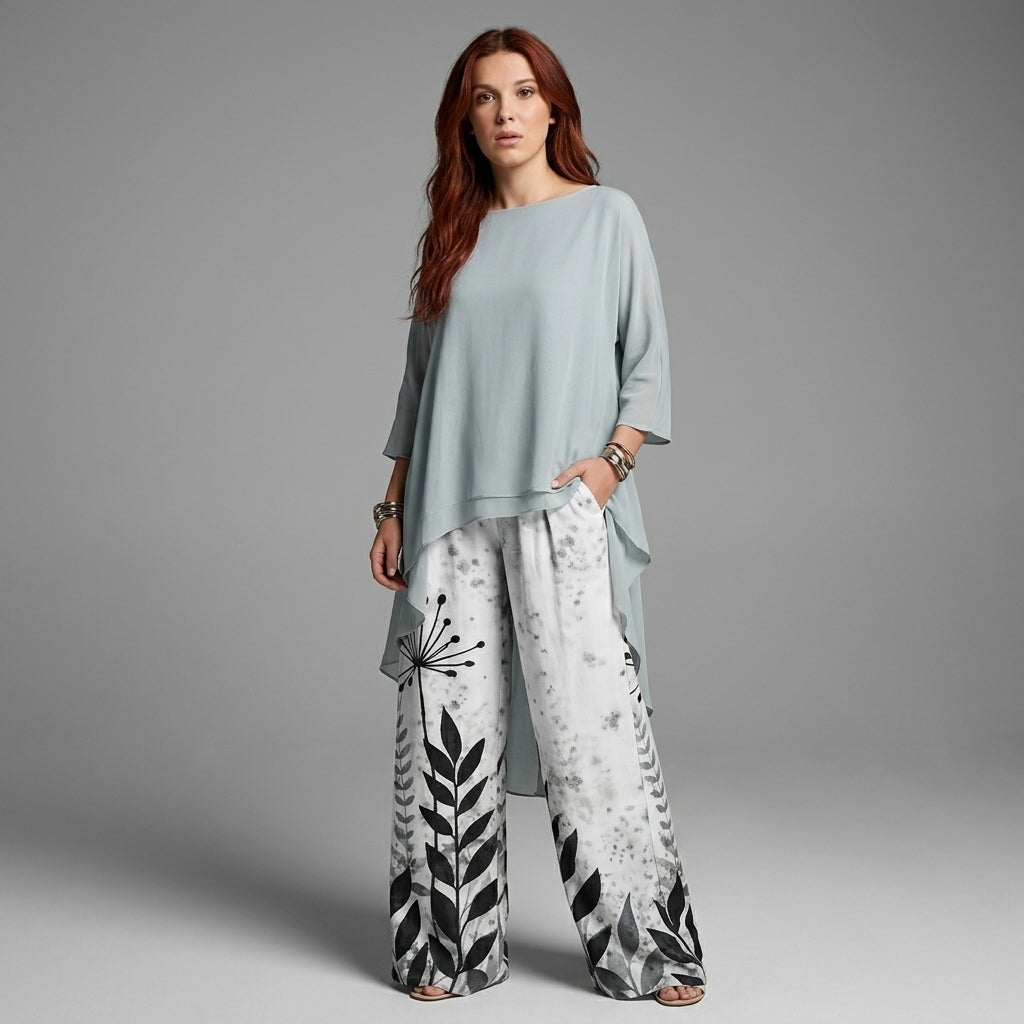 Sage Mint Chiffon Asymmetric Top & Botanical Leaf Print Wide Leg Palazzo | Premium Contrast Evening Two-Piece | Zebra Creation