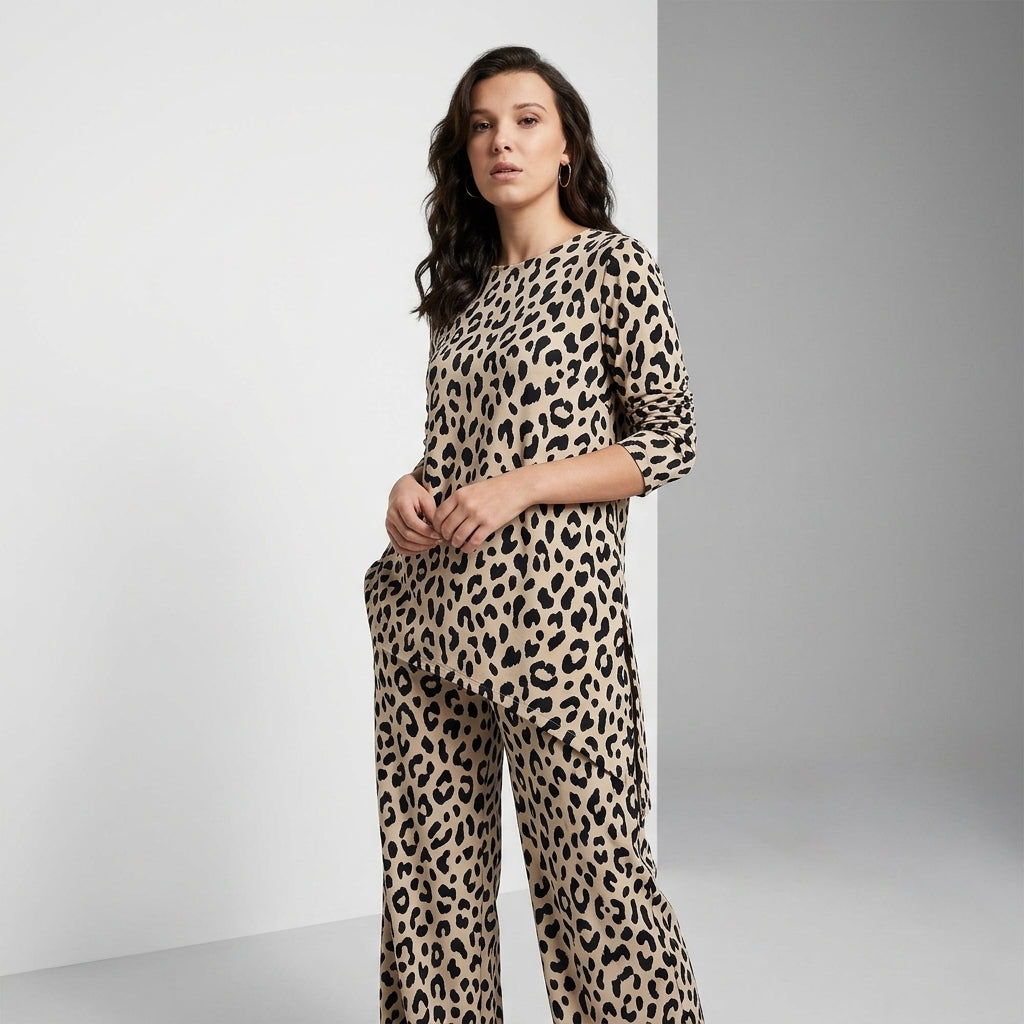 Classic Leopard Print Wide Leg Palazzo Co-Ord Set | Premium Sand & Black Animal Print Evening Two-Piece | Zebra Creation