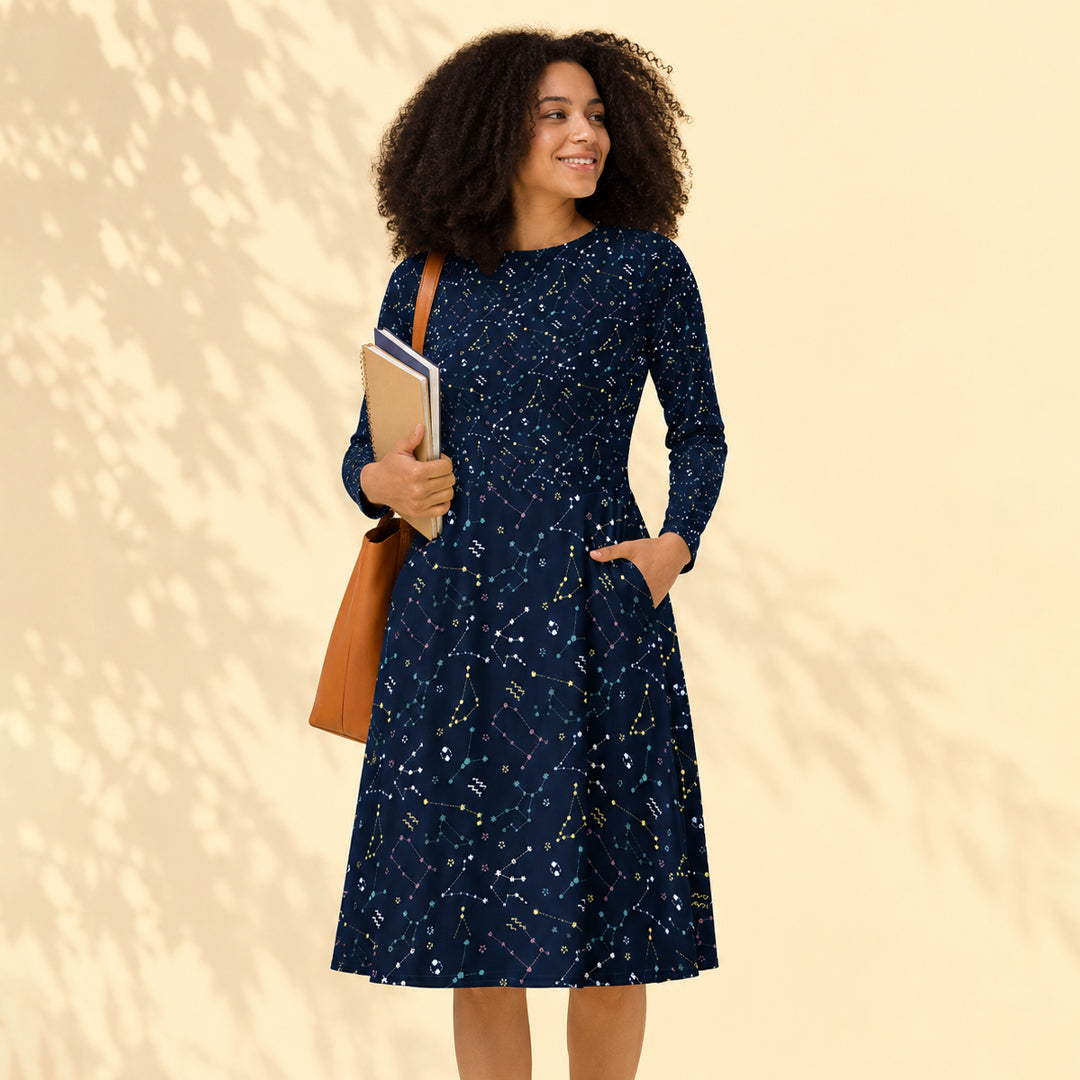 Comfortable Long Sleeve Workwear Dress with Pockets - Teacher Outfit Midi Dress | Zebra Creation